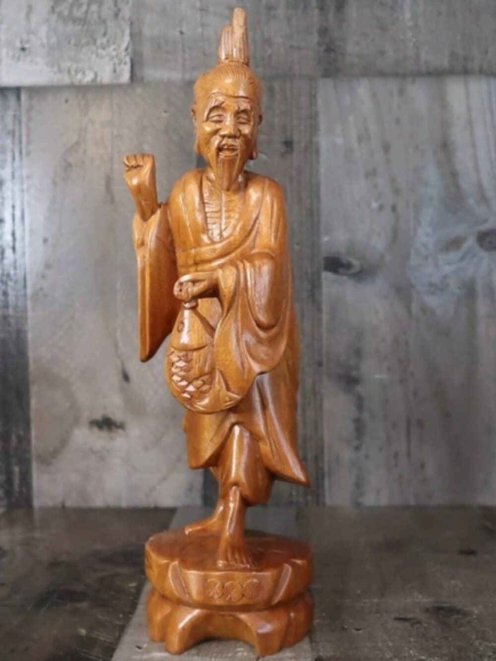 Bass Wood Carved Chinese Fisherman Holding A Fish Vintage Asian 12" Statue
